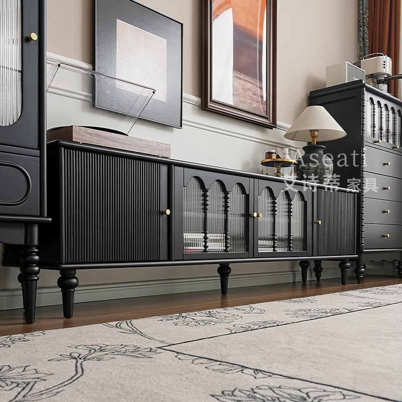 【新品】美式复古全实木电视柜落地法式中古风黑色小户型客厅机柜