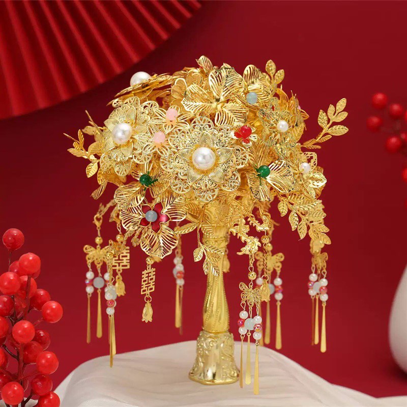 速发金色手捧花中式新娘出嫁手工高级结婚礼物送友婚纱银色捧花