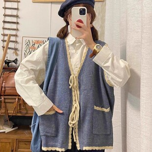 速发衬件套装春秋新艺花边绑带复古文款针织毛衣开衫马甲叠穿长袖