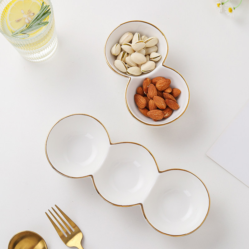 速发金边陶瓷碗连体碗两格碗三格碗分格碗调味碗火锅酱料碗多格碗