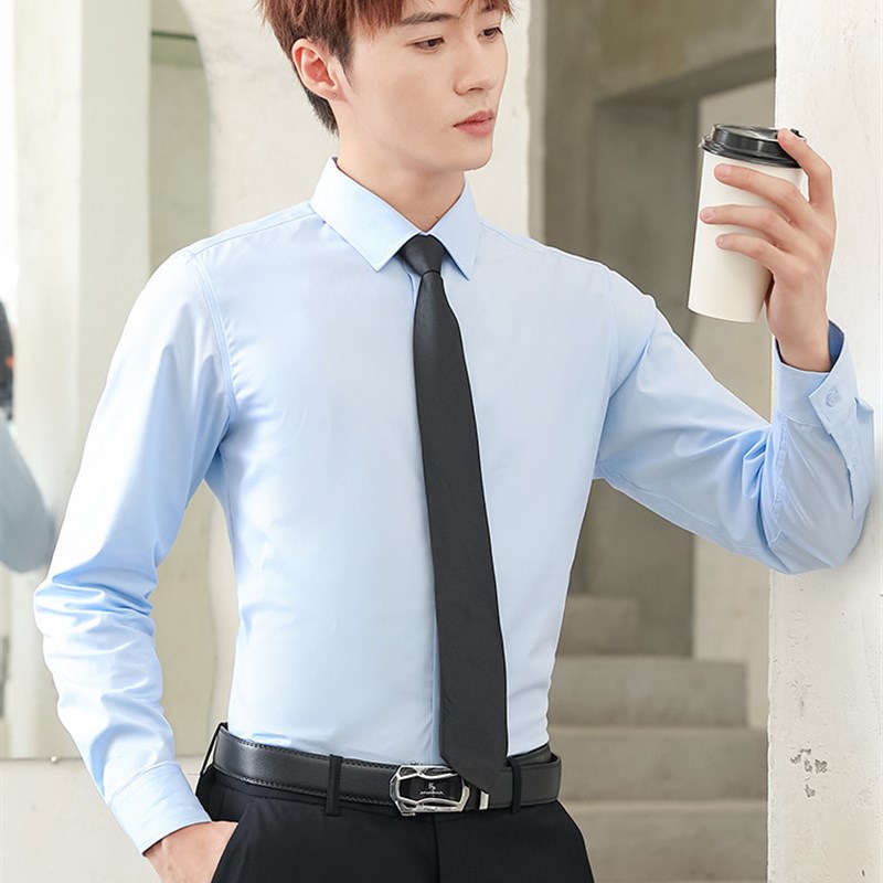 速发男白色长袖衬衣男士工装职业商弹正装工作闲务力休服销售4S蓝