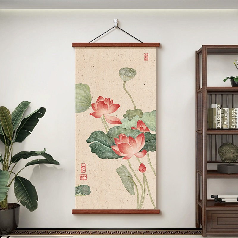 速发新中式荷气生财玄关装饰画茶室书房水墨画客厅竖版挂画荷花壁