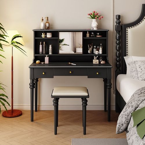 速发风实木化妆生卧室复妆台梳色2025年新款法式黑古储物收纳柜