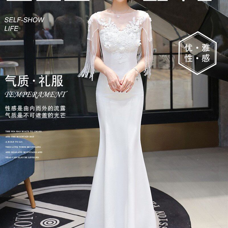 速发2024春新款白色小晚礼服裙名媛气质走秀长款优雅鱼尾礼服白纱