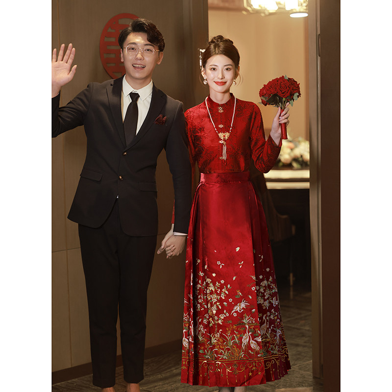 速发马面裙婚服敬酒式旗袍礼娘订婚服酒红色上衣结婚套装新中服新