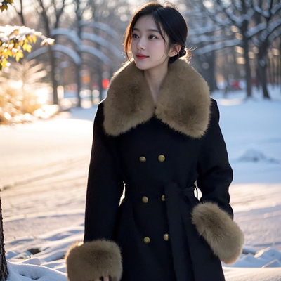 【财阀夫人】黑色赫本风中长款大衣女冬季新款高级感收腰显瘦外套