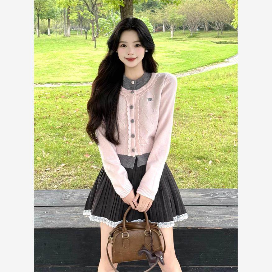 早秋穿搭一整套2025韩系千金甜美少女风小个子绝美针织毛衣套装裙