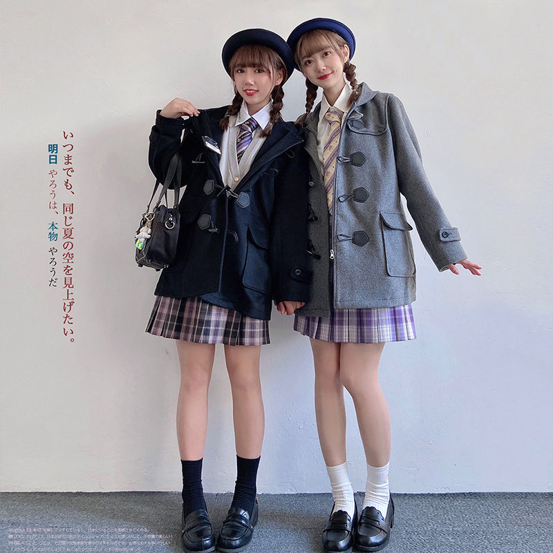 日系学院风菱兰高校jk牛角扣大衣保暖夹棉加厚秋冬毛呢外套