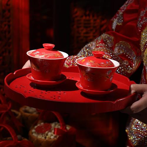 结婚庆用品改口敬茶杯套装一对喜碗杯子婚礼红色茶具敬酒敬茶托盘