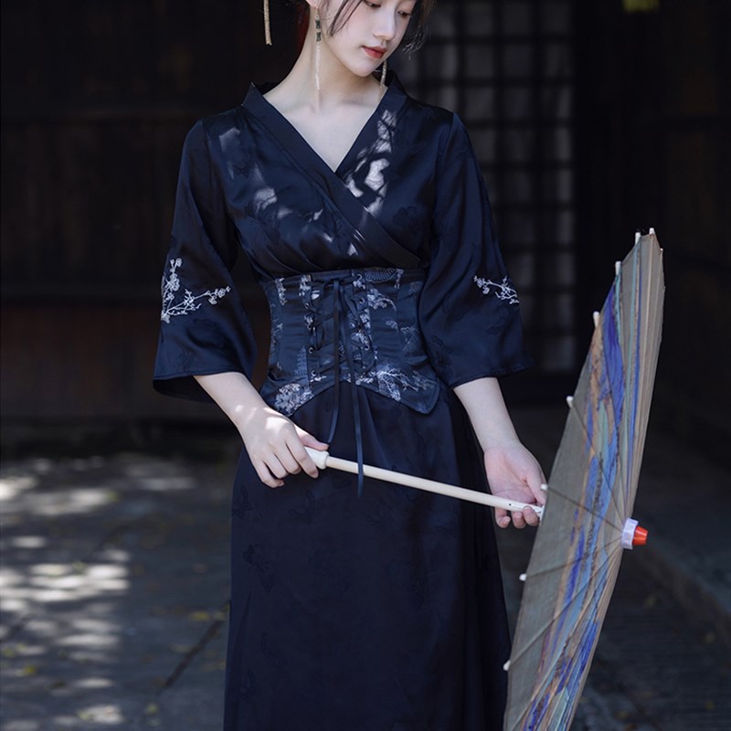 速发新中式装黑色汉服改良版复古风日连和服式式衣裙子腰夏日常封