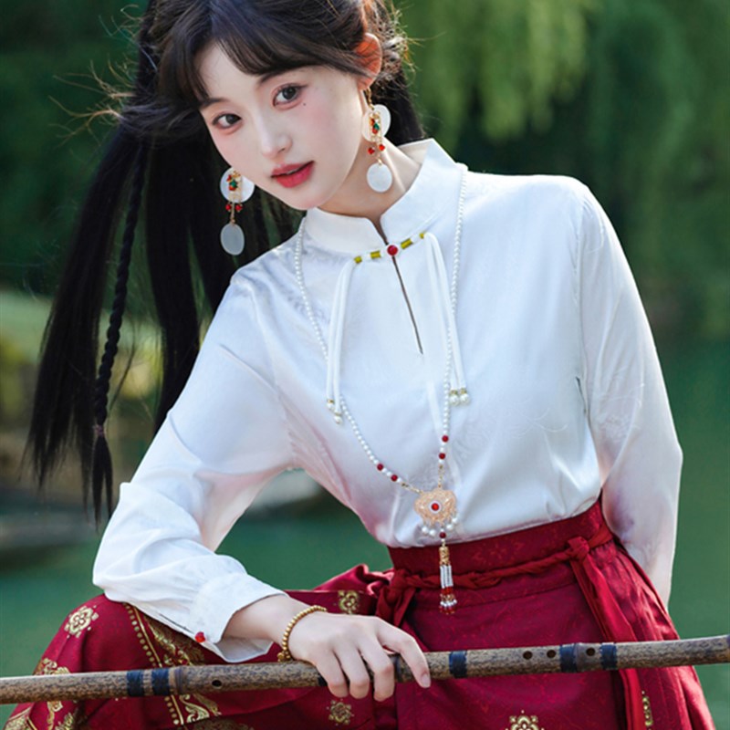 速发马面裙搭配质上衣长袖新中式国风衣色立领衬白气的小衫