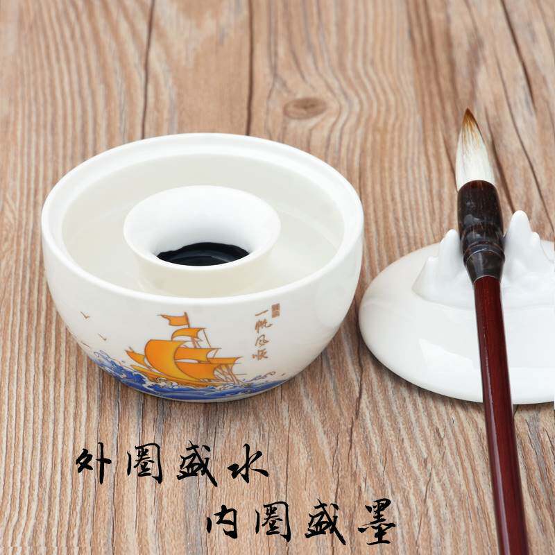 速发包邮 文房新品陶瓷不干砚池多墨能火锅墨台 用品带盖子墨碗功
