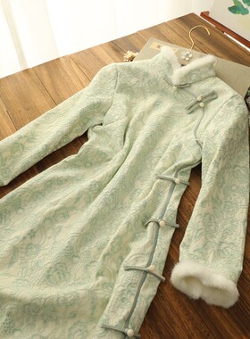 速发新中连改良旗袍端轻款气质高年秋冬新款加绒加厚式衣裙绿色长