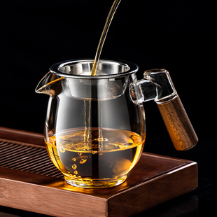 家用单壶泡茶 木把玻璃茶壶耐高温茶水分离水壶过滤耐热茶具套T装