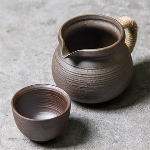 带把分茶器柴烧家用大号可加热 复古粗陶公道杯j土陶煮茶均杯日式