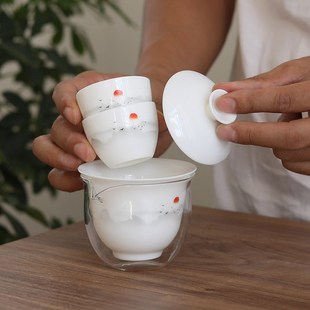 一壶两杯C家用办公户外便携快客杯盖碗白 羊脂玉旅行功夫茶具套装