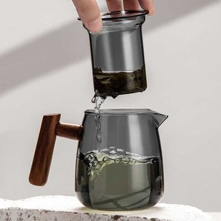 玻璃茶壶木把泡茶k茶杯透黑三件杯茶水分离器煮茶壶家用办公烟榭