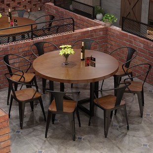 工业风餐厅实f木圆餐桌餐饮店桌椅组合复古烧烤吧音乐休闲吧餐桌