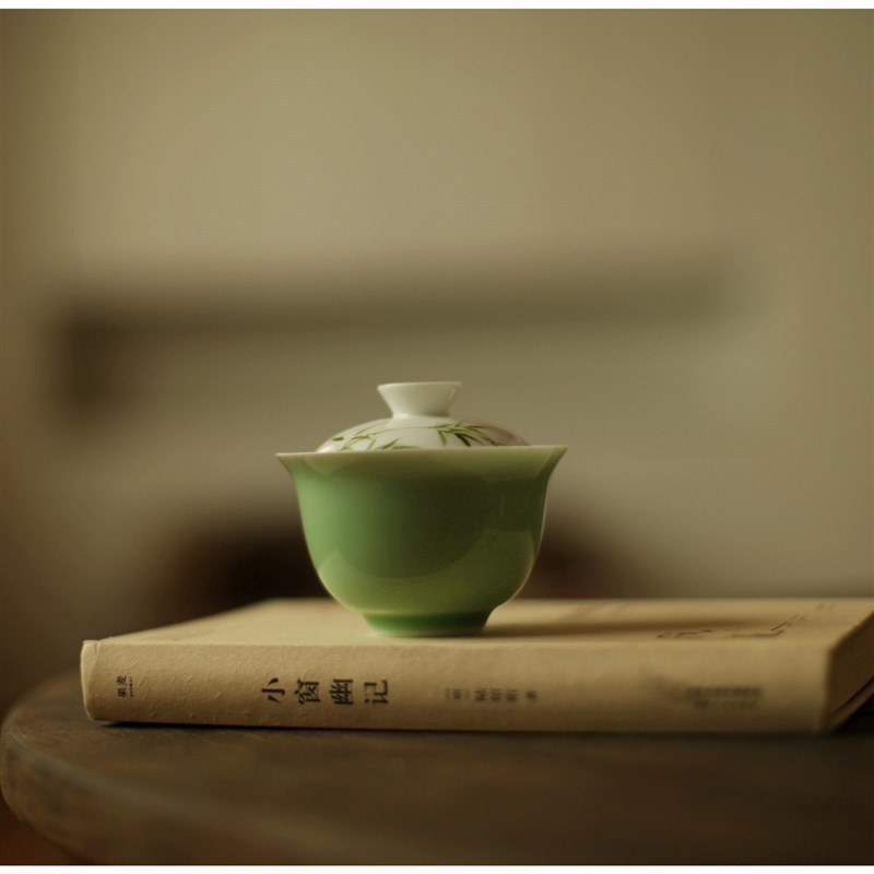 梅似雪《豆青翠竹》r一碗一杯 手绘茶具 青瓷釉下彩盖碗主人杯