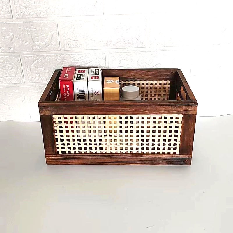 竹编实木质日式收纳盒桌面茶几A收纳篮子烧色长方形复古零食收纳