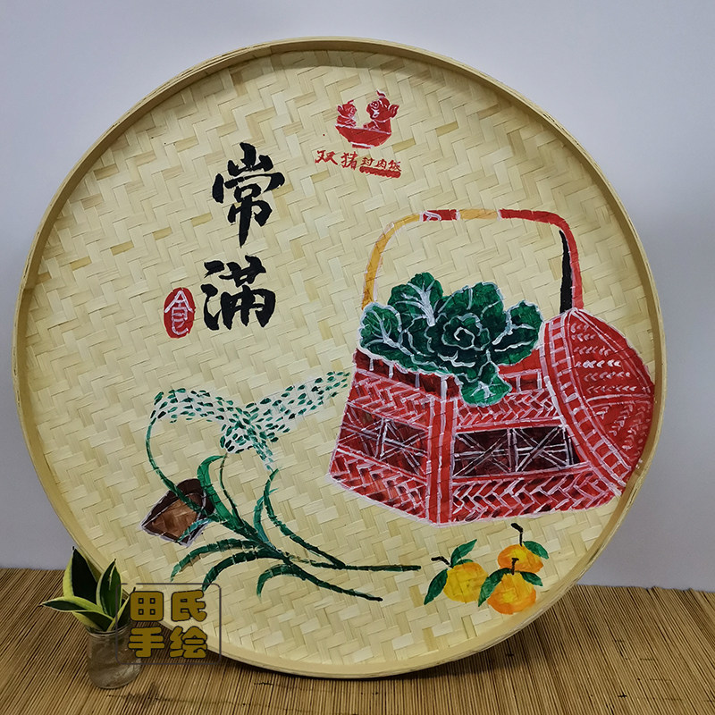 手绘竹编簸箕画农庄农家乐v墙面装饰画农作物挂件蔬菜瓜果墙壁挂