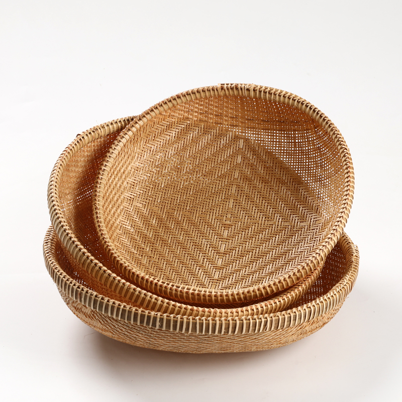 手工竹编筐水果篮客厅家用收纳筐零食干果竹篮子圆形筲.箕竹制簸