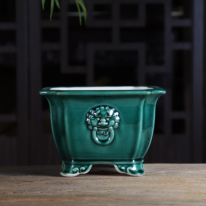 陶瓷手工釉盆大号盆景盆冰裂y开片纹兽面正方形复古石湾盆兰花盆