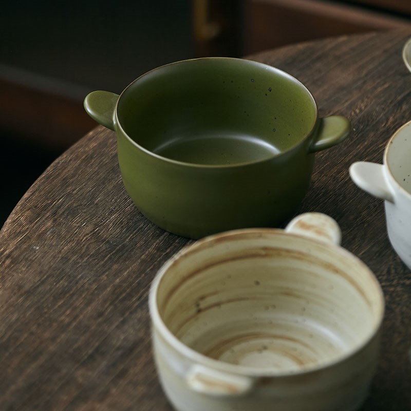 玩物志日b式粗陶双耳碗小汤碗水果沙拉碗拌饭碗复古可爱面碗水果