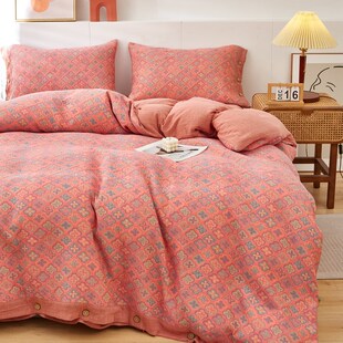 上新复古加厚纯棉色织双层纱三层纱四件套多功能被罩Y纽扣单件被