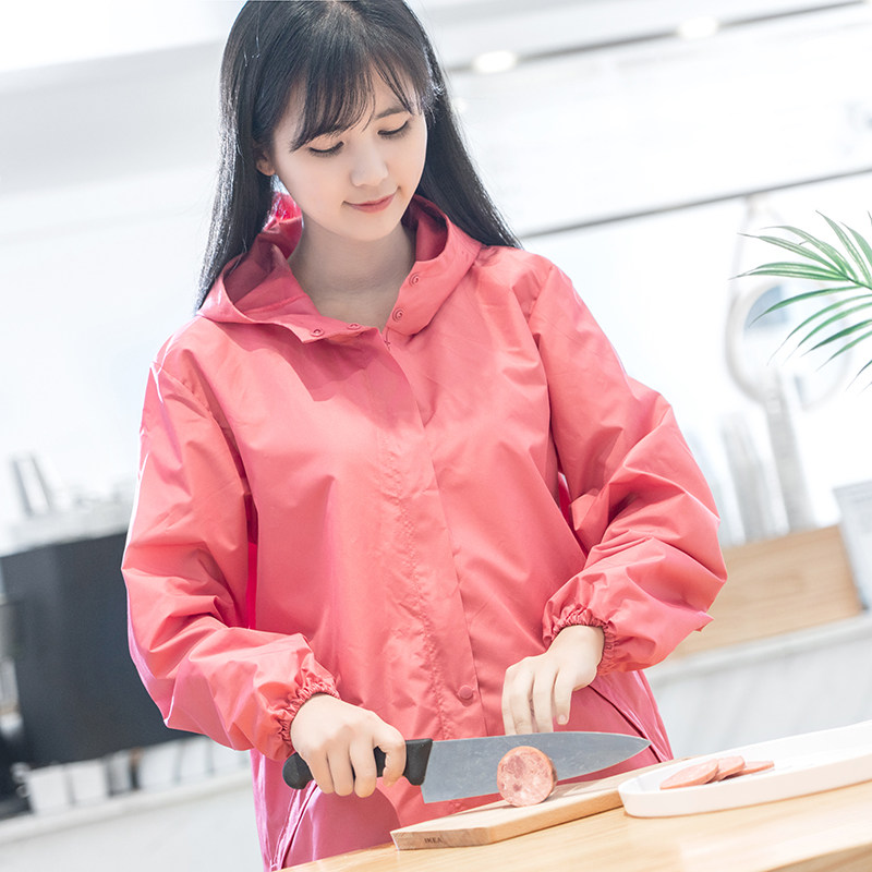 韩版时尚拉链风衣式大人罩衣女士长袖防水防油厨房V围裙带帽工作