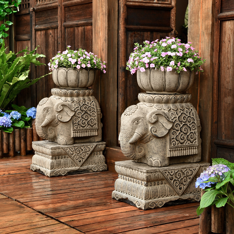 庭院户外大象门墩摆件仿石u墩花盆底座花园布置露台装饰阳台造景