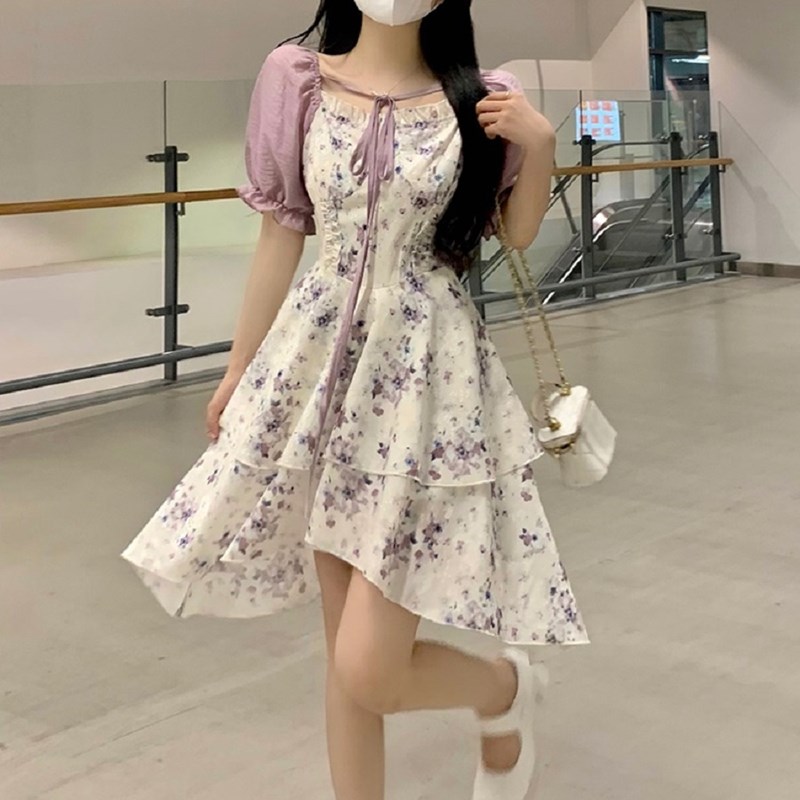 速发大码纯欲花柔风紫长碎温不规则连衣裙春夏中色款仙