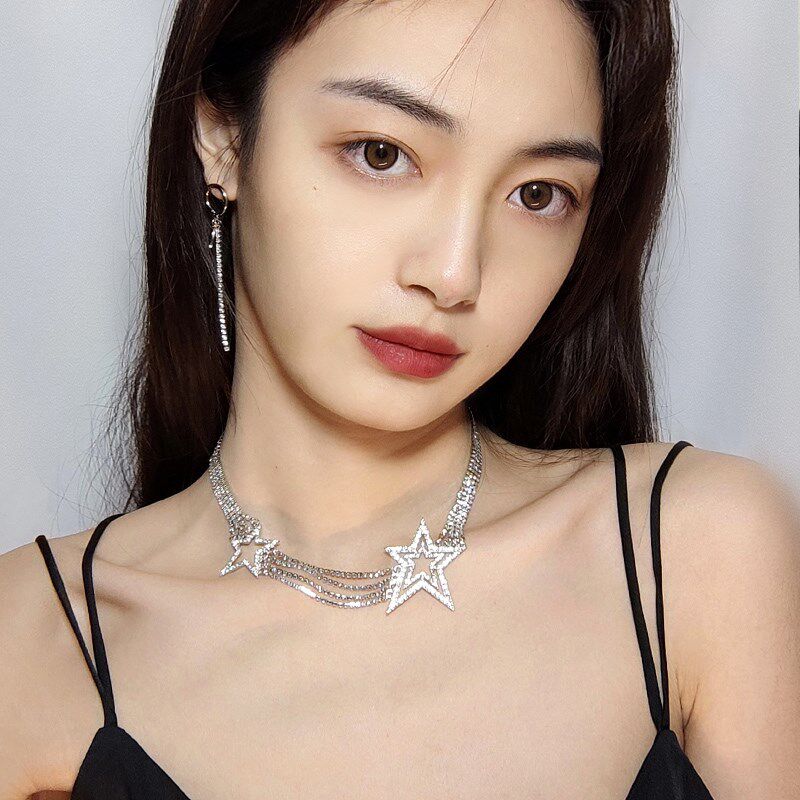现货夸张时髦f水钻五角星项链气走秀款满钻流苏锁骨链蹦迪颈链饰