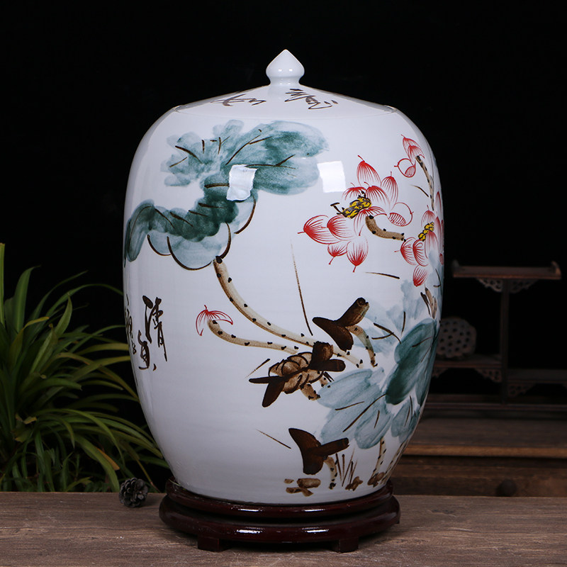 速发景德镇陶瓷手绘茶叶罐米缸油缸50/100斤中式带盖密封储物米桶