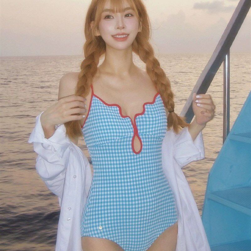速发网红性感纯欲风蓝色格子连身辣妹小胸遮肚温泉度假泳