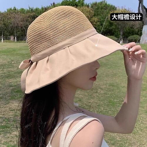 速发蝴蝶结黑胶防晒帽夏季紫外线遮帽户外大檐遮脸渔夫太帽