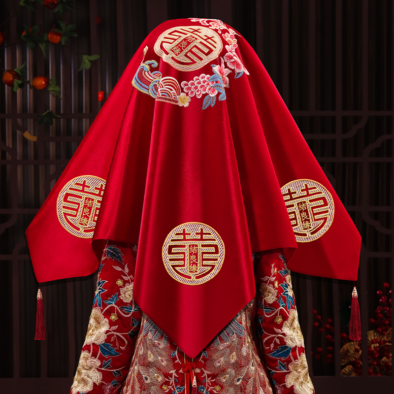 速发新娘结婚红盖头纱巾中式红喜秀禾高级刺绣方蒙嫁出头色帕头纱