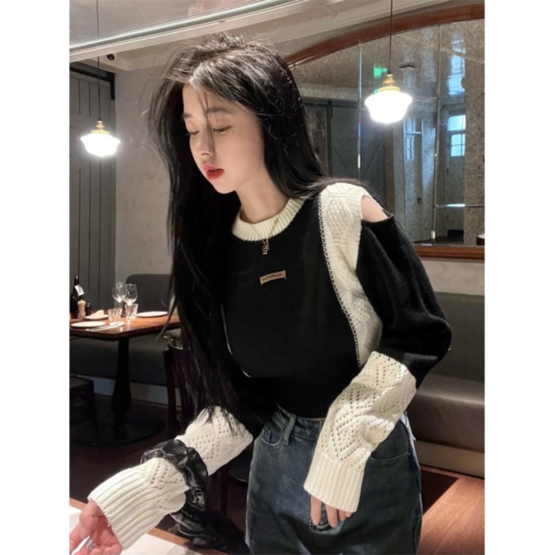 速发撞色露肩短款感袖针织衫春秋新款设计长小套内搭打底衫众头毛