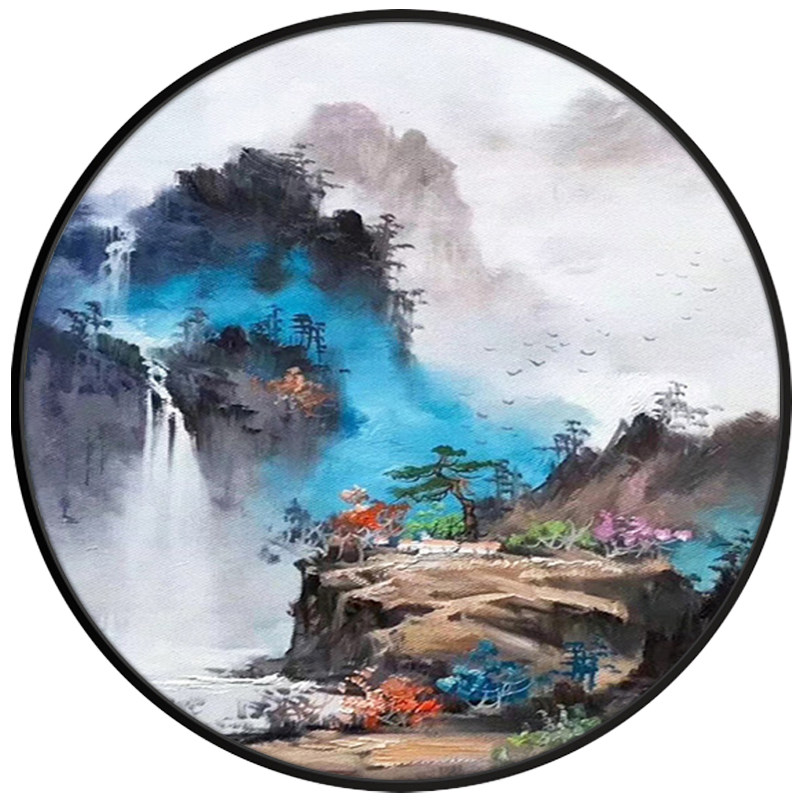 速发手绘油画新中式山水画客厅装饰画 简约餐厅圆形壁画 玄关柜台