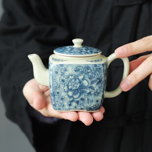 老陶泥茶壶青花家用陶瓷单壶汉瓦壶K仿古茶杯品开片可养泡茶