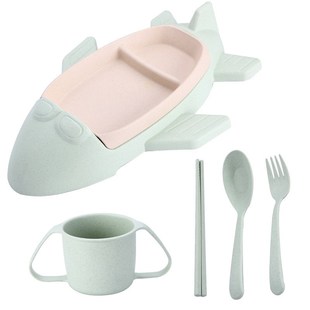 幼儿园宝宝喂养辅食餐盘碗杯勺叉 卡通飞机小e麦秸秆儿童餐具套装