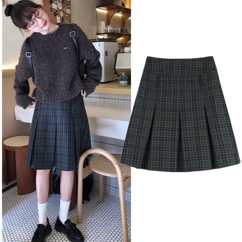 大码格子A字百褶裙半身裙女春夏学院风中长款格纹半裙设计感短裙