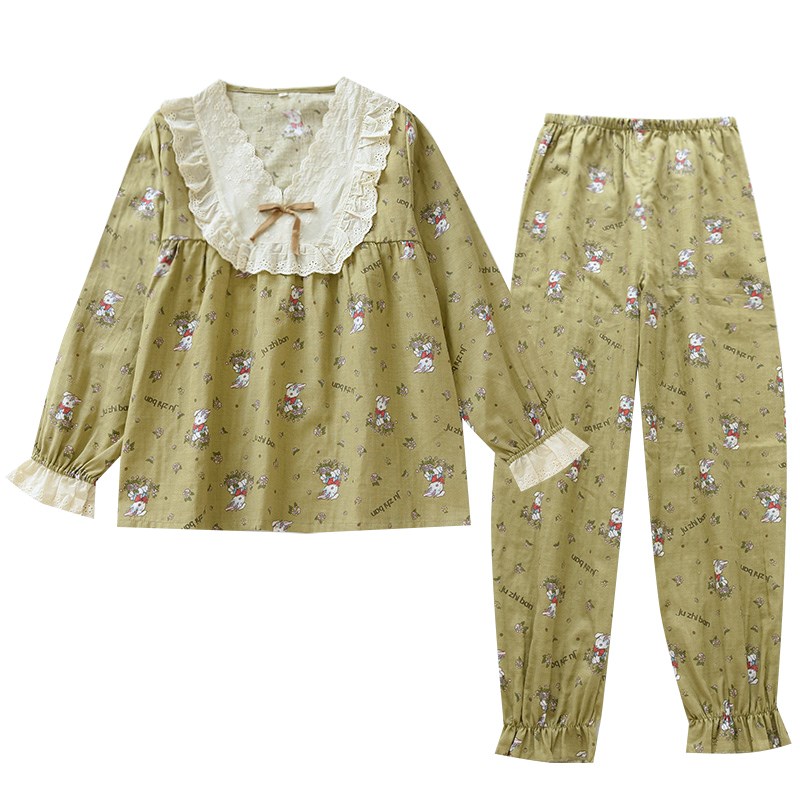 情侣纱布睡衣长袖长裤女蕾丝花边套头男翻领家居服春秋卡通兔