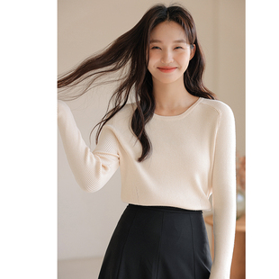短款圆领毛衣女2023秋冬新款白色修身内搭长袖白色打底针织衫上衣