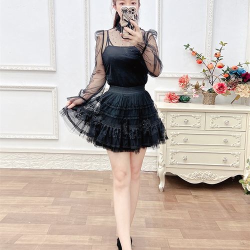 Annabess蕾丝网纱打底衫女2024秋季款花边半高领薄款内搭长袖上衣