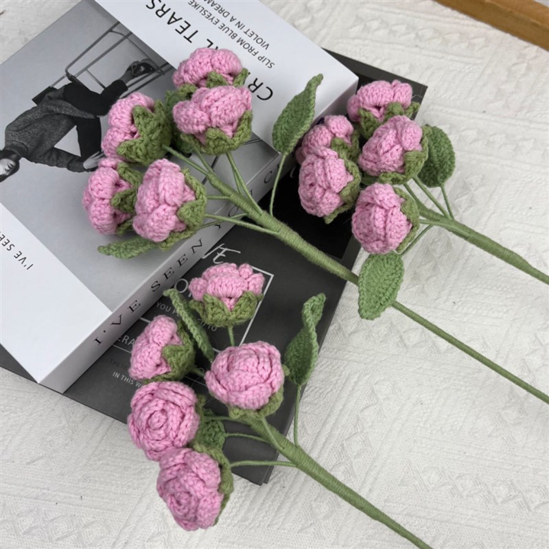 多头玫瑰花编织花束手工r钩针仿真花毛线花朵成品情人节教师节礼