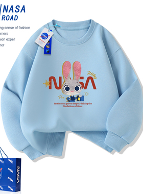 NASA兔子警官女童冬装加绒卫衣2026新款洋气圆领儿童蓝色上衣女孩