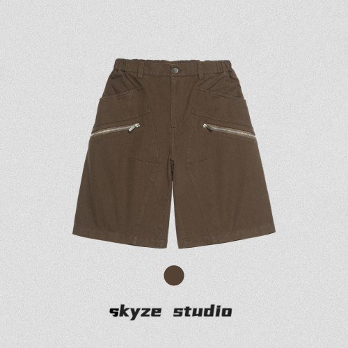 Skyze Studio空溯实验室重磅复古工装短裤男夏季松紧腰拉链五分裤