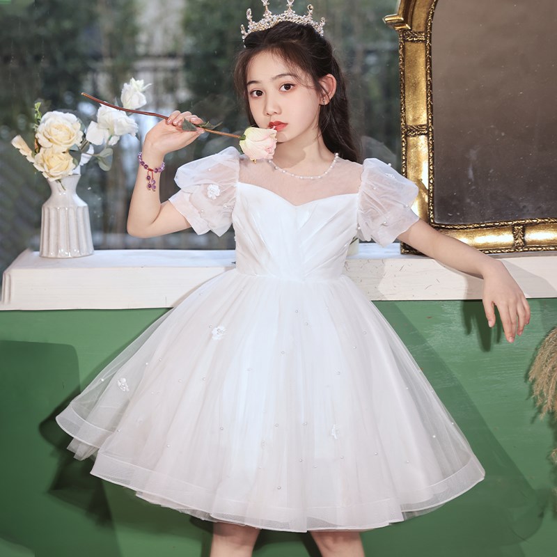 速发童白色公主裙儿童夏装连衣裙小孩花童婚礼主持人演出礼服裙子