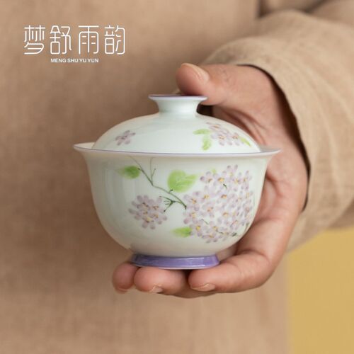 速发手绘绣球花二才盖碗家用陶瓷士泡茶器单个防烫小号茶碗功夫茶